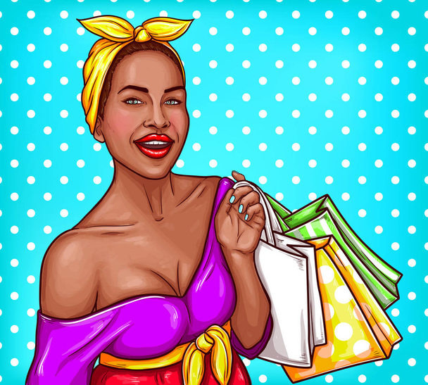 Vector pop art illustration of a black woman holding shopping bags - Vector, Imagen