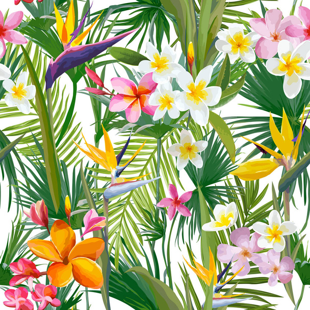 Tropical Palm Leaves and Flowers, Jungle Leaves Seamless Vector Floral Pattern Background - Vektör, Görsel