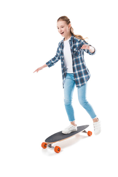 happy girl with skateboard - Zdjęcie, obraz