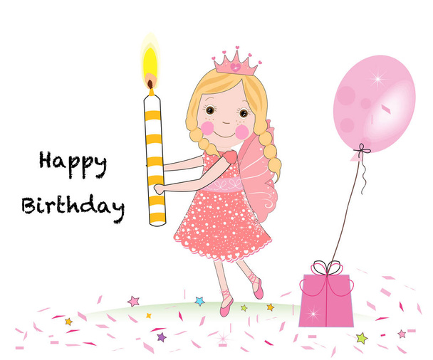 Z życzeniami wszystkiego najlepszego. Bajka, trzymając świeczki urodzinowe i pudełko na prezent, balon wektor ilustracja tło - Wektor, obraz