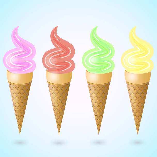 Set of Ice cream in the cone on blue background - Vector, Image