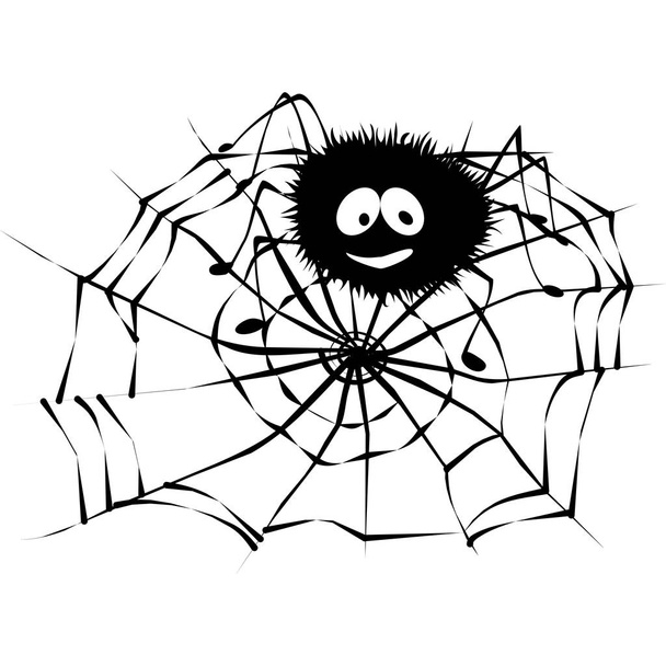 Drawing of a smiling spider sitting on a cobweb - Vector, Imagen