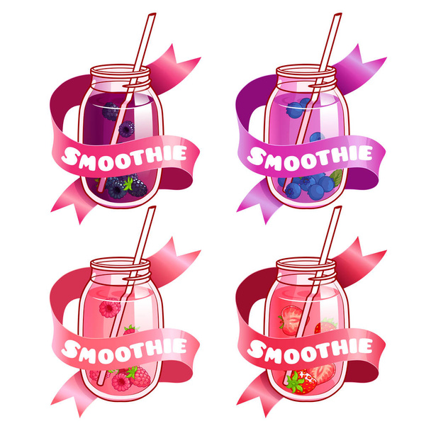 Four stickers with ribbon and different smoothies in jars. - ベクター画像