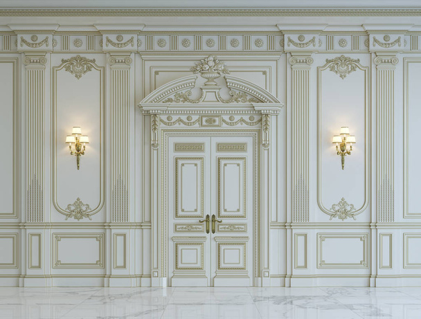 Beyaz duvar panelleri klasik tarzı altın yaldız ile. 3D render - Fotoğraf, Görsel