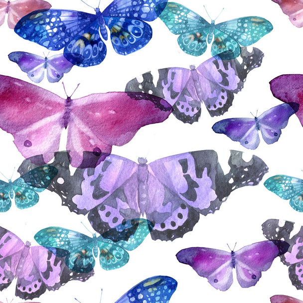 Watercolor pattern with the image of transparent butterflies in blue and violet colors on a white background - Photo, Image