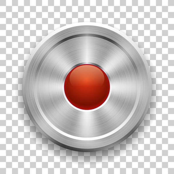 Metal button on a transparent background, glossy red ball in the center, vector metallic texture, round element for you project design - Vektor, obrázek