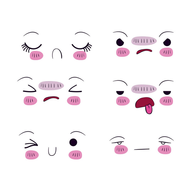fundo branco definido para seis diferentes expressões faciais kawaii
 - Vetor, Imagem