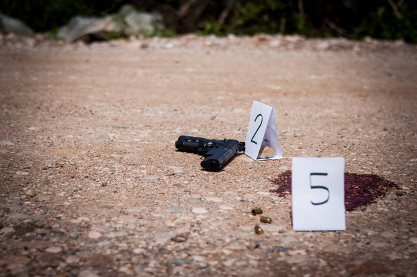 The crime scene, murder, investigation, gun and shell finds the  - Photo, Image