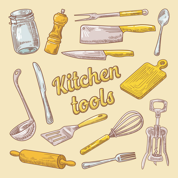 Cooking Utensils Hand Drawn Doodle. Kitchen Ware - Vettoriali, immagini