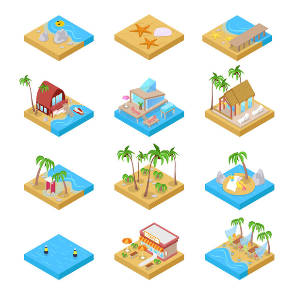 Colección de vacaciones de playa con bungalow. Isométrico
 - Vector, Imagen