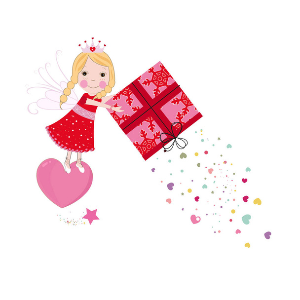 Милі казки тримає подарунок коробку з серця. Щасливий день Святого Валентина Вітальна листівка - Вектор, зображення