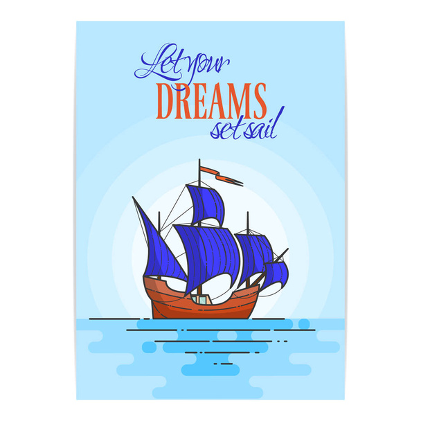 Color ship with blue sails in the sea. Sailboat on waves for trip, tourism, travel agency, hotels, vacation card, banner. - Vector, afbeelding