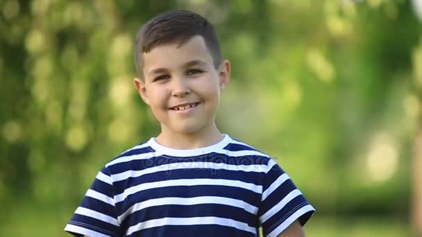 Een jongetje in een gestreepte T-shirt is glimlachend en gejuich. Lente, zonnig weer. - Video