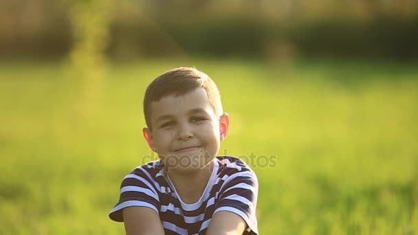 Bir karahindiba üfleme çizgili tişört içindeki küçük çocuk. Bahar, güneşli havalarda. - Video, Çekim