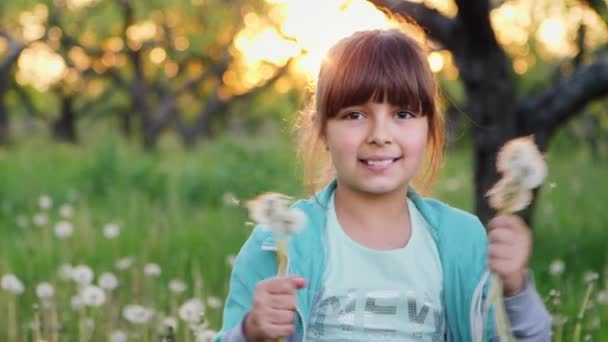 Beautiful girl shakes dandelions. Slow Motion - Video, Çekim