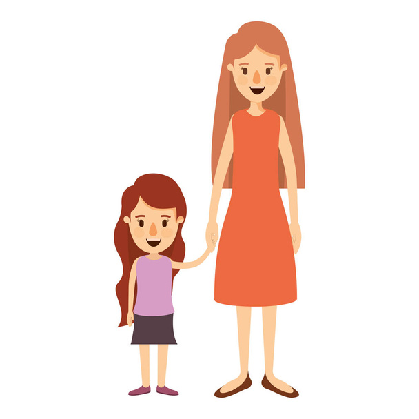 colorful image caricature full body mother in dress taken hand with girl - Vector, Image