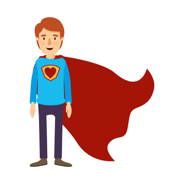 kleurrijke afbeelding karikatuur hoofdgedeelte super kerel held met hartsymbool in uniform - Vector, afbeelding