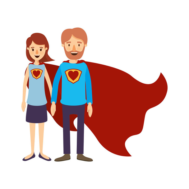 colorful image caricature full body couple parents super hero with heart symbol in uniform - Vector, Image