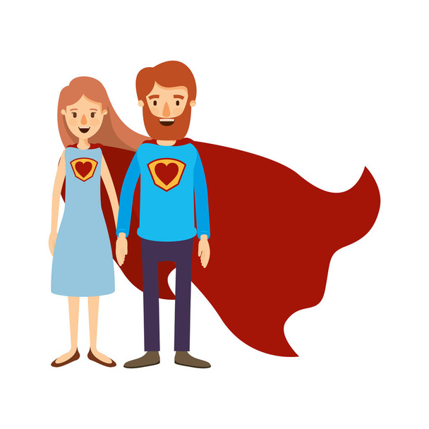 bunte Bild Karikatur Ganzkörper-Paar Eltern Superhelden mit Uniform und Mütze - Vektor, Bild