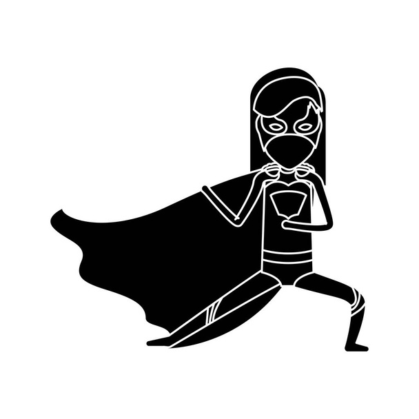 σιλουέτα μαύρη πρόσοψη superheroin γυναίκα που ποζάρει με στολή - Διάνυσμα, εικόνα