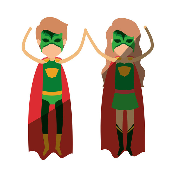 silueta colorida con pareja de superhéroes sin rostro volando verticalmente y sombreando
 - Vector, imagen