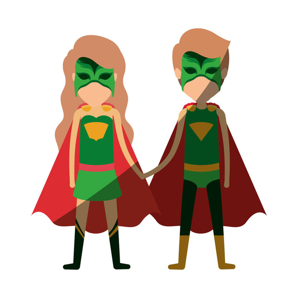 colorful silhouette with faceless duo of superheroes united of the hands and her with long wavy hair and shading - Vector, Image