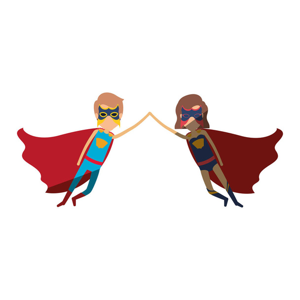 silueta colorida con pareja de superhéroes sin rostro volando unidos de las manos y ella con pelo corto y sombreado
 - Vector, imagen