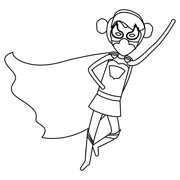 白黒輪郭斜め方向に飛んで収集の髪の女性のスーパー ヒーローの顔 - ベクター画像