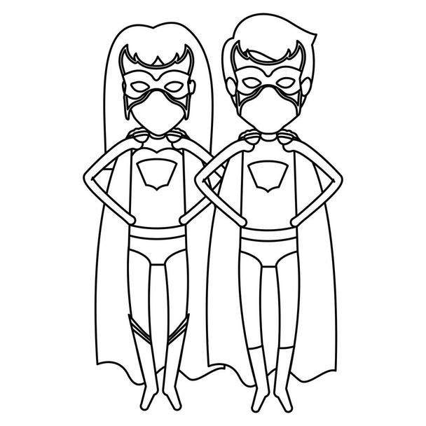 monochromatyczne kontur twarzy pary superbohaterów latanie z rąk w talii - Wektor, obraz