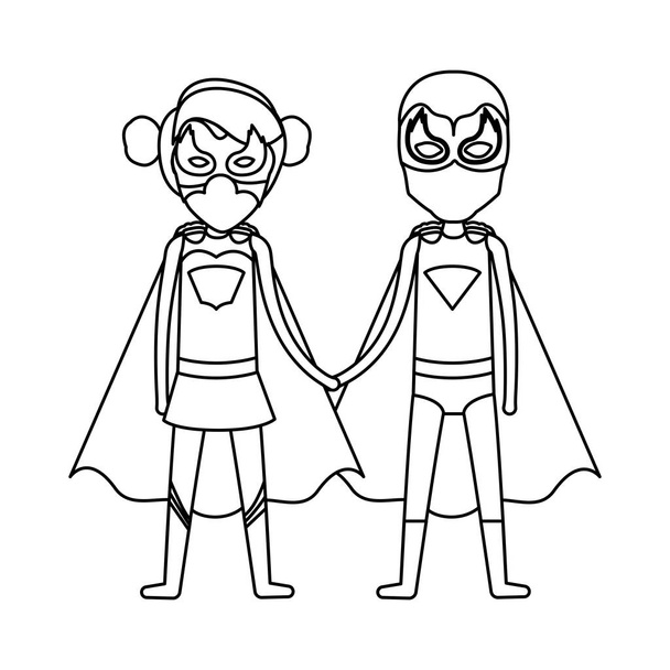 monochrome contour faceless of duo of superheroes united of the hands and her with collected hair - Vector, Image