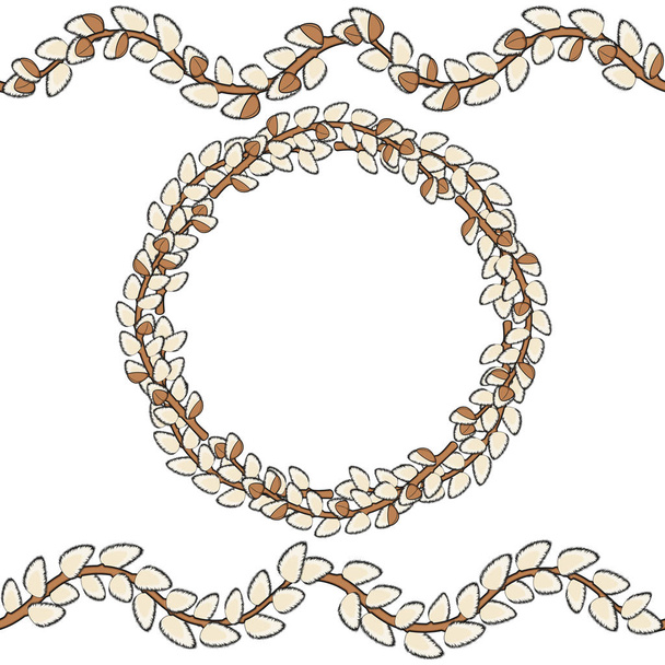 Round frame and a pattern of willow branches. Isolated vector objects. - Vector, Image