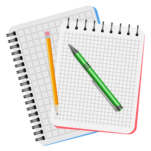 Két notebookok, zöld toll és sárga ceruza - Vektor, kép