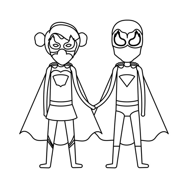 zwart-wit silhouet gezichtsloze van duo van superhelden Verenigde van de handen en haar met verzamelde haar - Vector, afbeelding