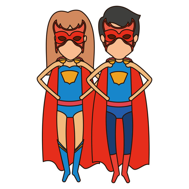 silueta colorida con pareja de superhéroes sin rostro volando con las manos en la cintura con los ojos cerrados
 - Vector, Imagen