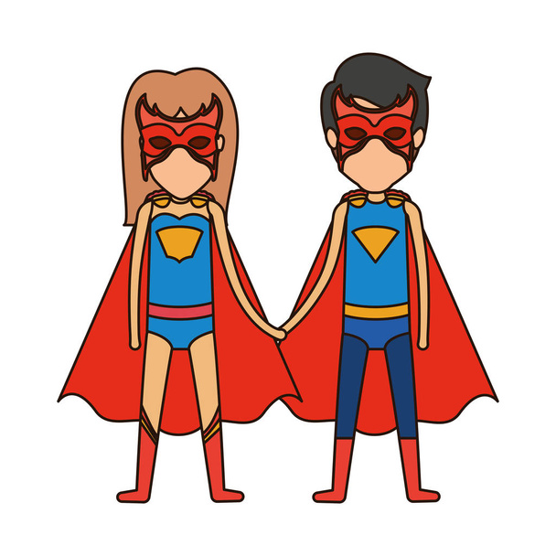 kleurrijke silhouet met anonieme duo van superhelden Verenigde van de handen en haar met lange haren en gesloten ogen - Vector, afbeelding