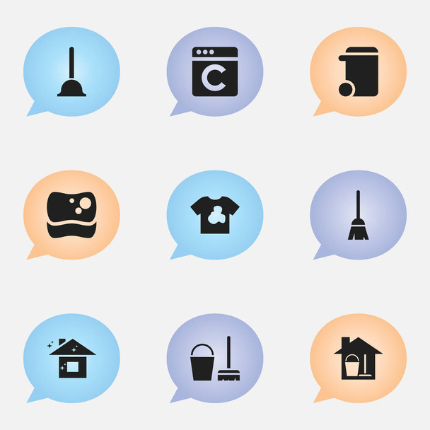 Ensemble de 9 icônes de nettoyage modifiables. Comprend des symboles tels que kit de nettoyage, seau avec balai, maison pure et plus encore. Peut être utilisé pour le Web, mobile, interface utilisateur et infographie
. - Vecteur, image