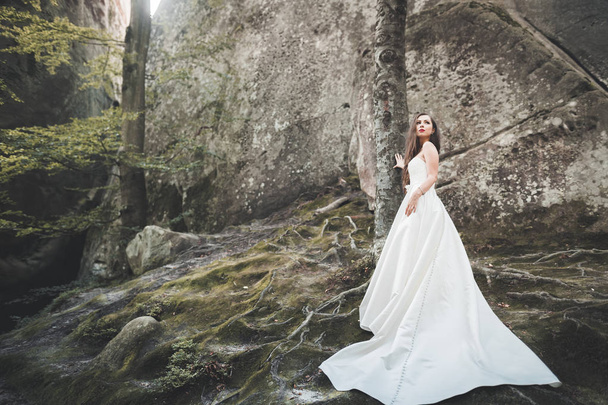Beautiful bride with a bouquet posing in forest with rocks. Outdoors - Фото, зображення