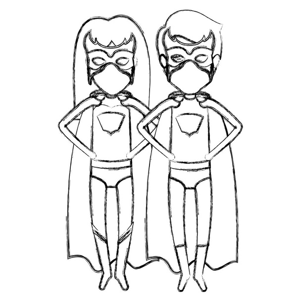 monochrome blurred contour faceless of couple of superheroes flying with hands in your waist - Vector, Image