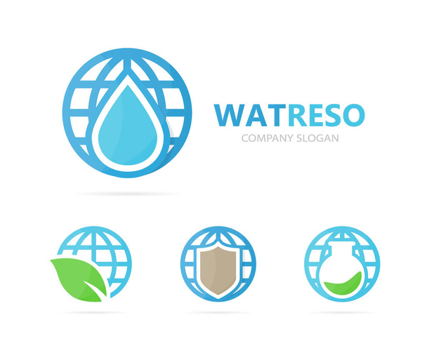 Vektorové logo kombinace ropy a planety. Drop a světový symbol nebo ikonu. Unikátní šablona návrhu logotypu voda, aqua a globe. - Vektor, obrázek