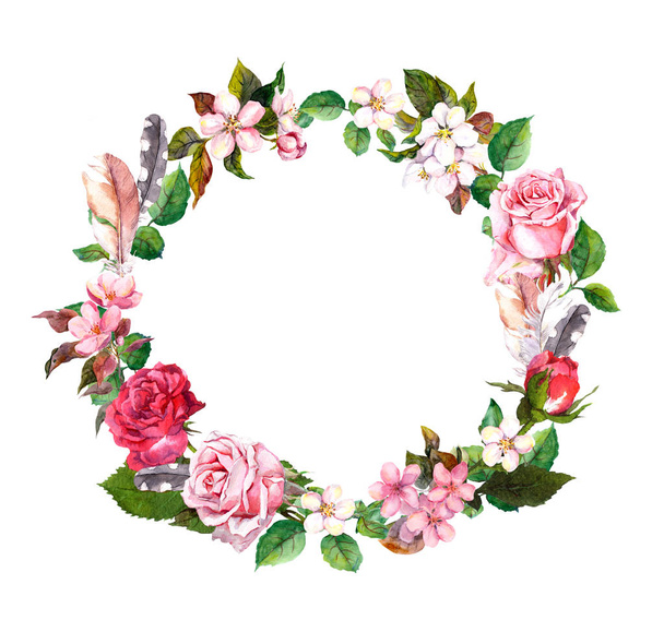 Floral wreath with apple, cherry flowers, sakura blossom, roses flowers and feathers. Watercolor round border - Photo, Image