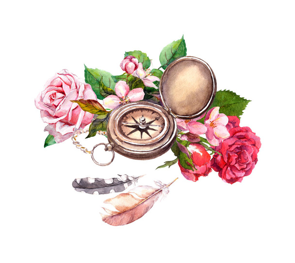 Vintage watercolor with compass, flowers, feathers. Travel concept - Фото, изображение