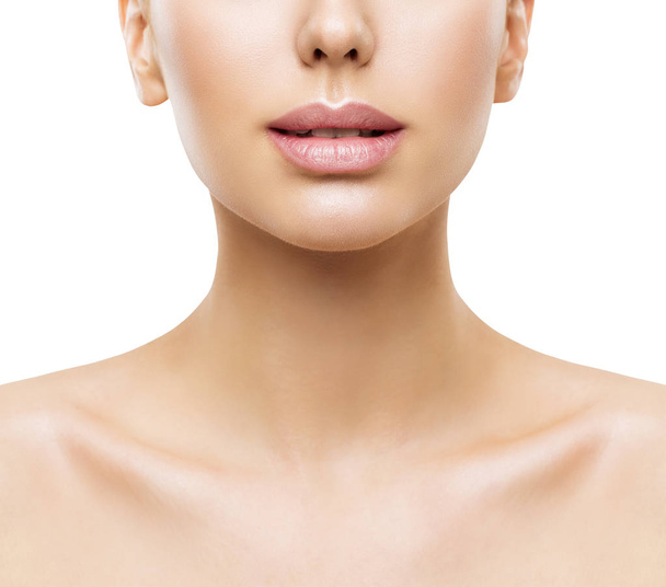 Lips, Woman Face Beauty, Mouth and Neck Skin Closeup, Women Skincare - 写真・画像