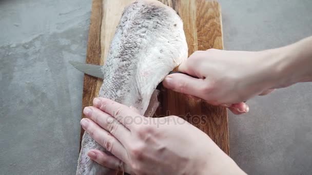 De kok scheidt visfilet, chef-kok bereidt vis voor het koken, gerechten met vis, voeding en gezonde voeding - Video