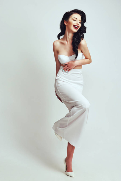 Fashion style ?lothes for woman meeting date walk party sexy beautiful woman brunette long hair natural make up wear white cotton costume perfect body shape model suit - Photo, image