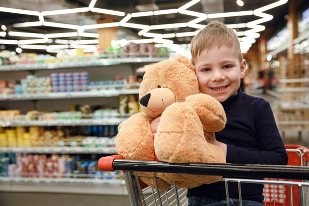 Smiling boy in shopping trolley holding teddy bear - Фото, изображение