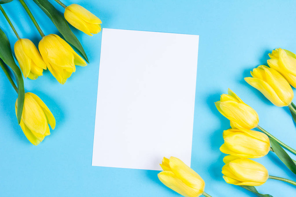 Bouquet of beautiful fresh yellow tulips on blue background and blanc card for text - Fotó, kép