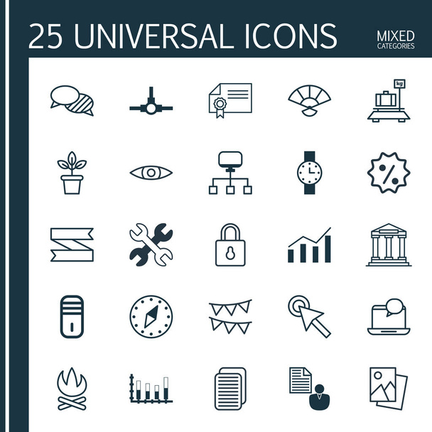 Satz von 25 universell editierbaren Symbolen. kann für Web-, Mobil- und App-Design verwendet werden. beinhaltet Elemente wie Diplom, Gepäck, Lagerfeuer und mehr. - Vektor, Bild