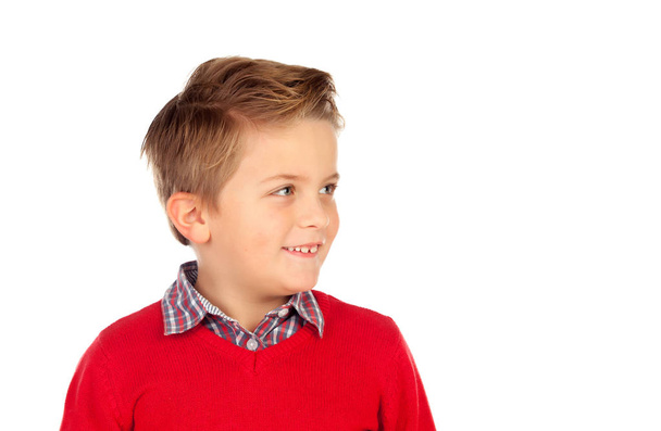Blond kind met rode trui - Foto, afbeelding