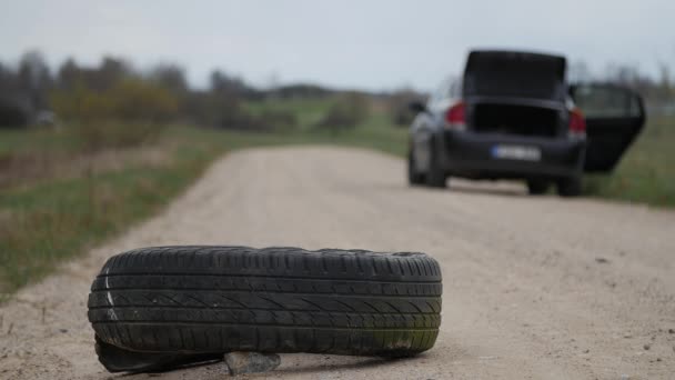 Used tire eliminated at roadside. Nature pollution. - Footage, Video
