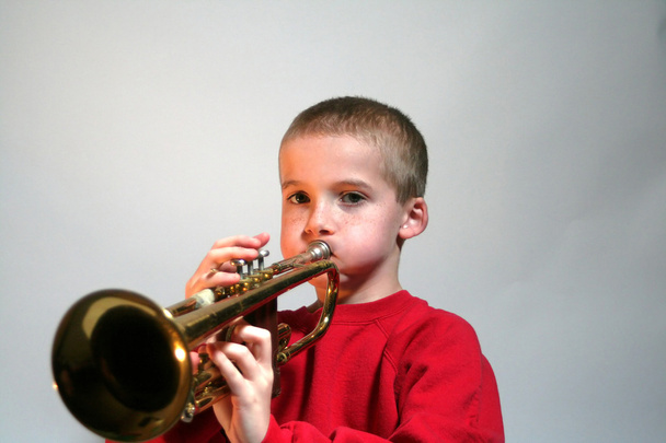Pöhöttynyt poski poika pelaa trumpettia
 - Valokuva, kuva